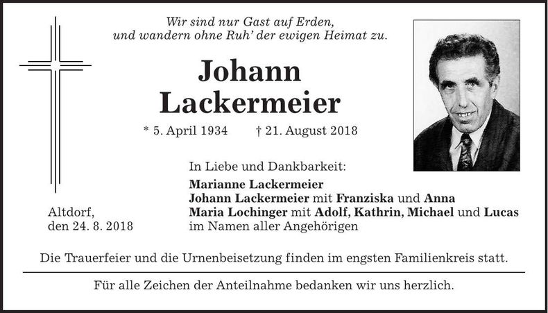 Traueranzeige Johann Lackermeier