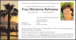 Traueranzeige Marianne Rehmeier