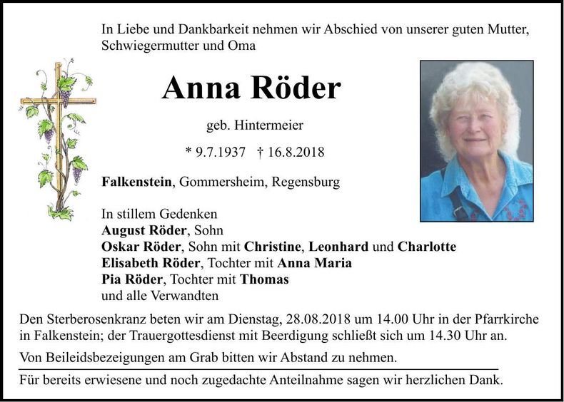Traueranzeige Anna Röder