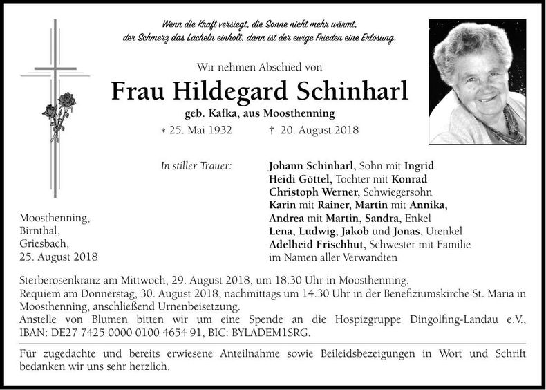 Traueranzeige Hildegard Schinharl