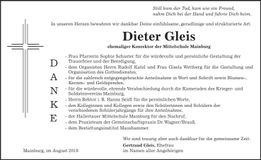 Traueranzeige Dieter Gleis