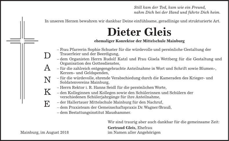 Traueranzeige Dieter Gleis