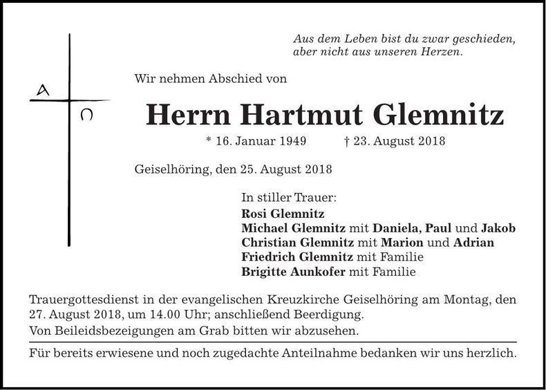 Traueranzeige Hartmut Glemnitz