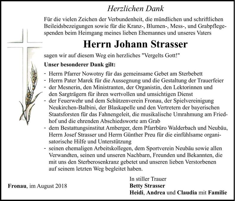 Traueranzeige Johann Strasser