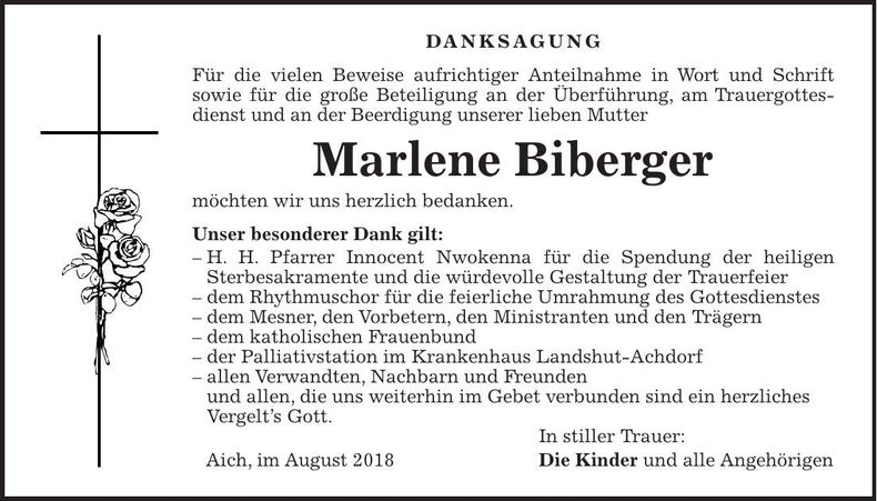 Traueranzeige Marlene Biberger