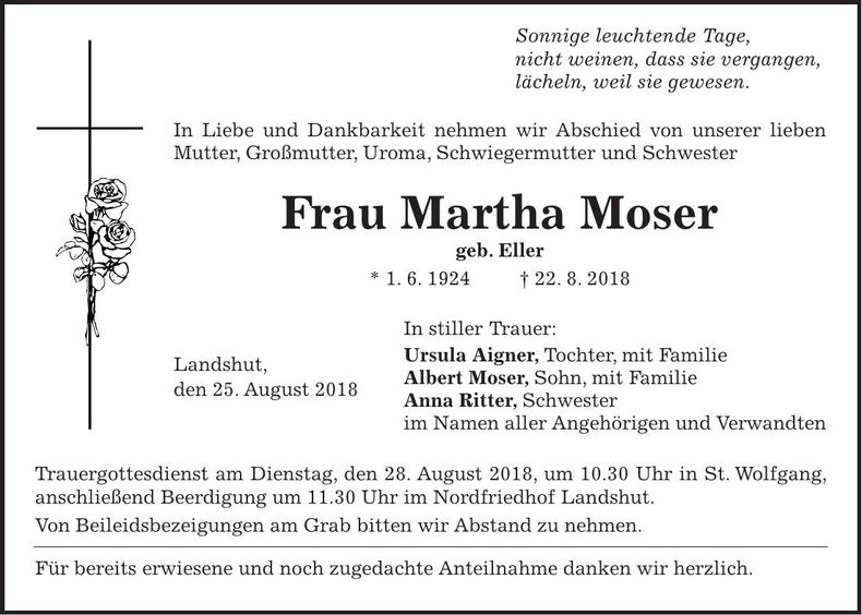 Traueranzeige Martha Moser
