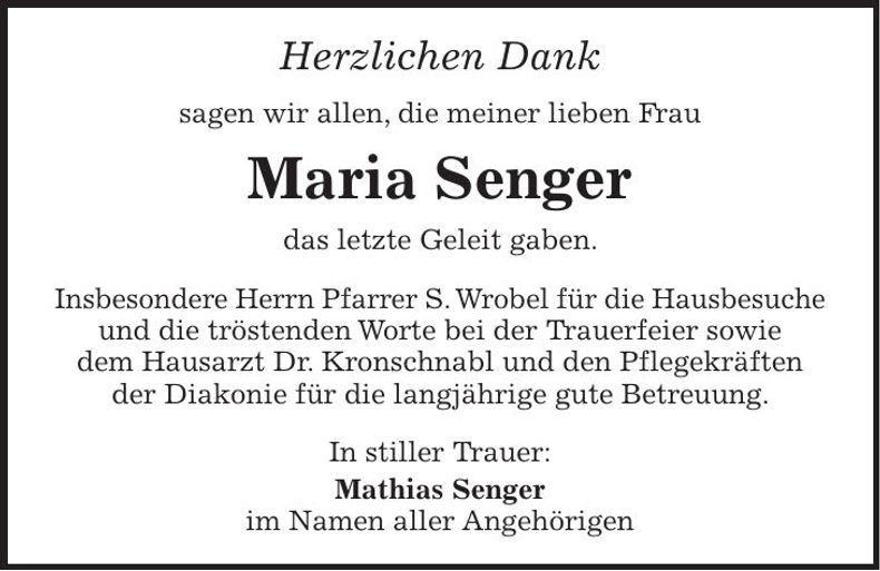 Traueranzeige Maria Senger