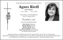 Traueranzeige Agnes Riedl