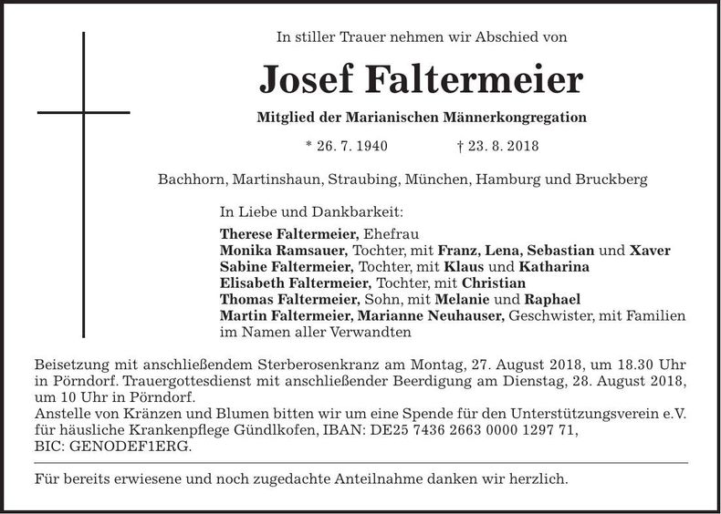 Traueranzeige Josef Faltermeier