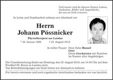 Traueranzeige Johann Pössnicker