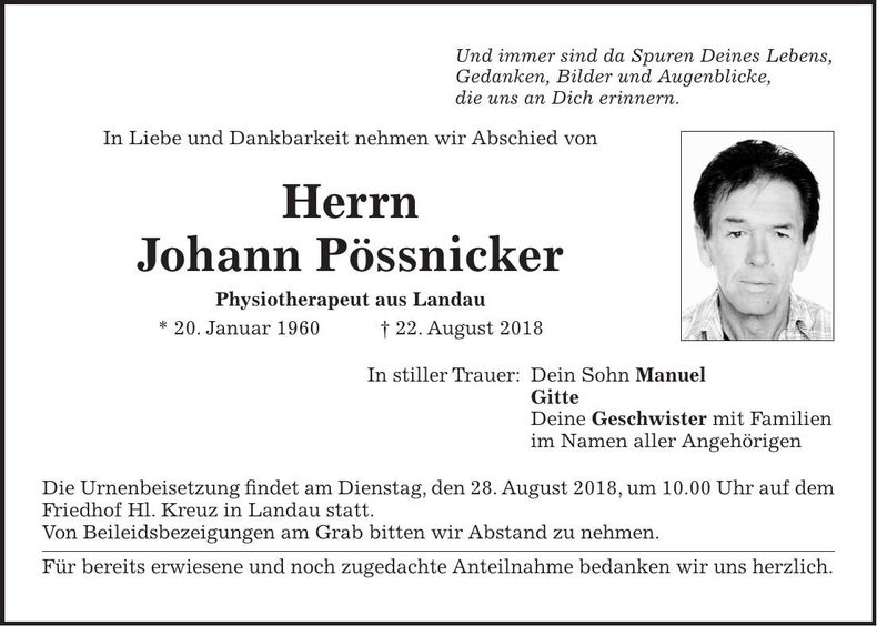 Traueranzeige Johann Pössnicker