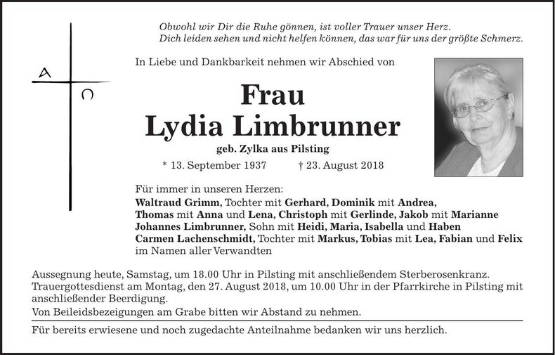 Traueranzeige Lydia Limbrunner
