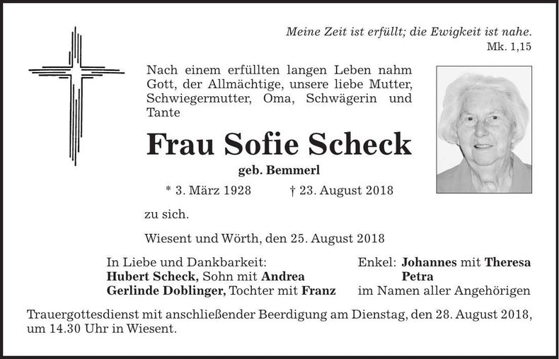 Traueranzeige Sofie Scheck