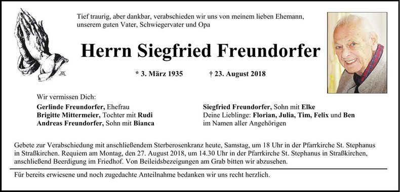 Traueranzeige Siegfried Freundorfer