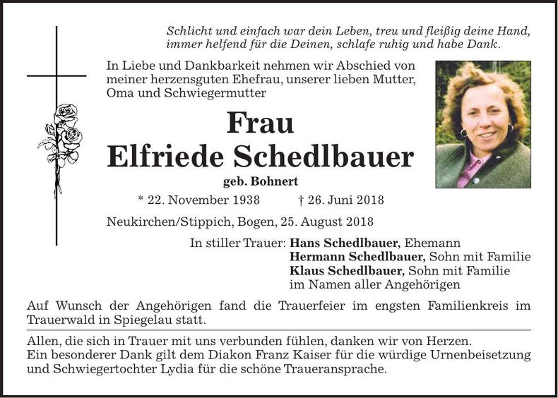 Traueranzeige Elfriede Schedlbauer