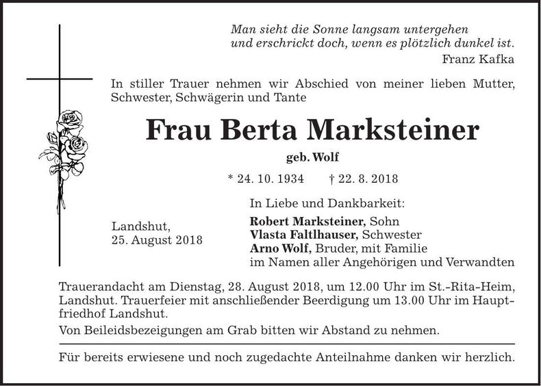 Traueranzeige Berta Marksteiner