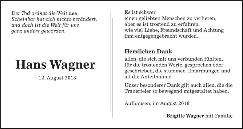 Traueranzeige Hans Wagner