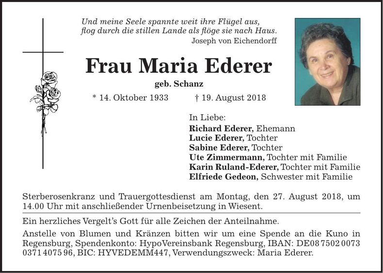 Traueranzeige Maria Ederer