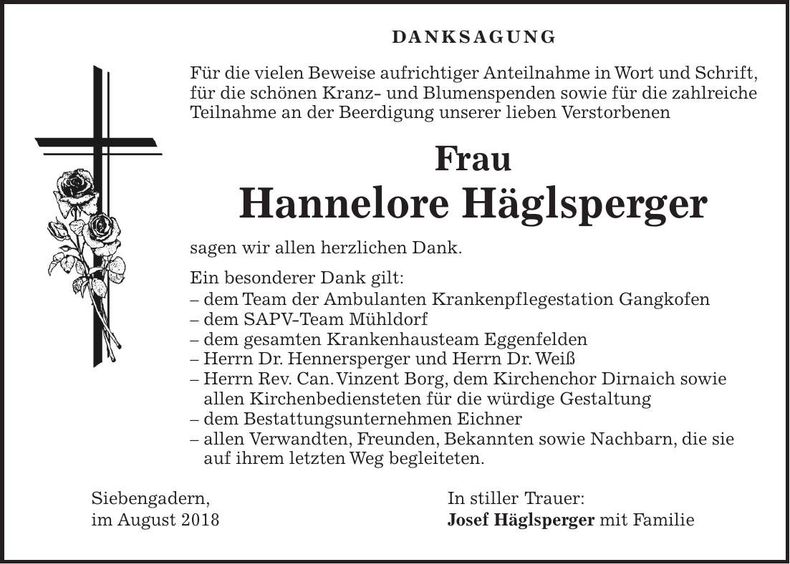 Traueranzeige Hannelore Häglsperger