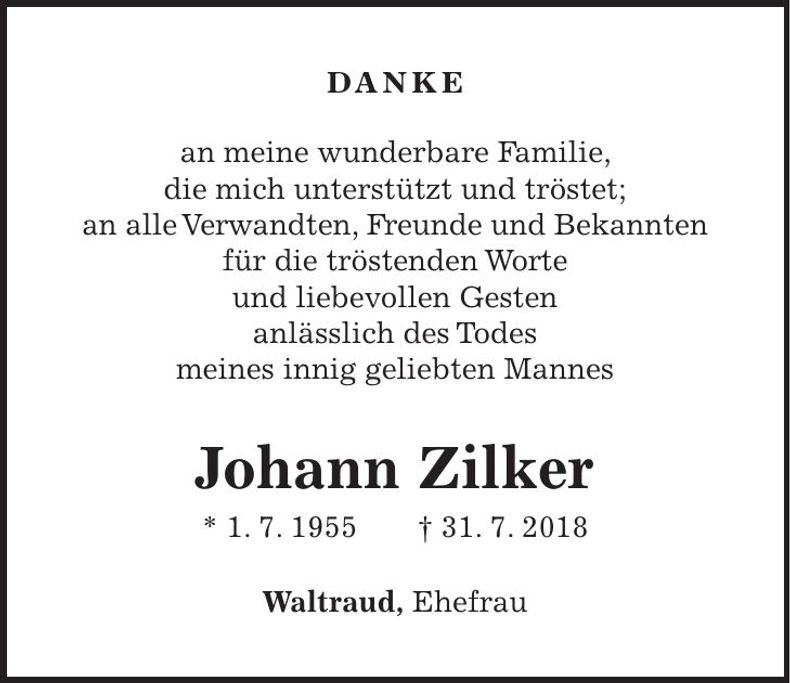 Traueranzeige Johann Zilker