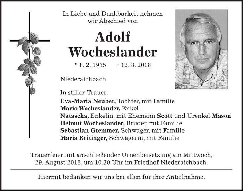 Traueranzeige Adolf Wocheslander