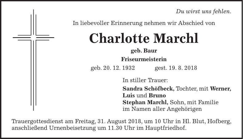 Traueranzeige Charlotte Marchl