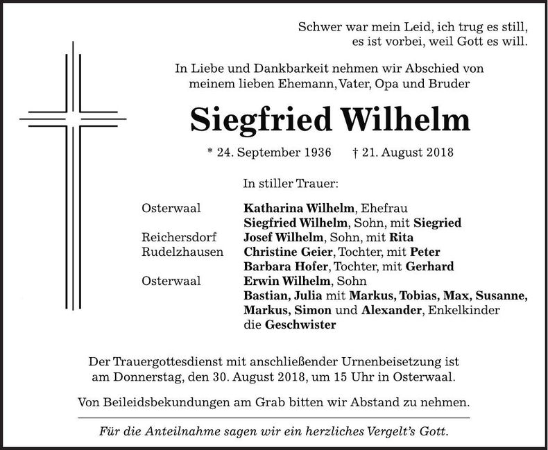 Traueranzeige Siegfried Wilhelm