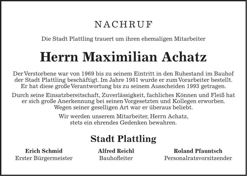 Traueranzeige Maximilian Achatz