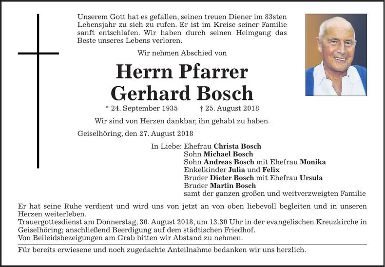 Traueranzeige Pfarrer Gerhard Bosch