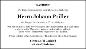 Traueranzeige Johann Priller