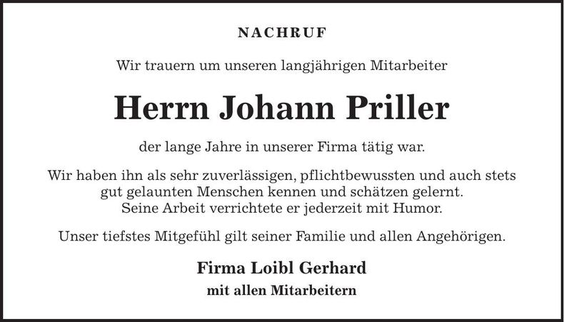 Traueranzeige Johann Priller