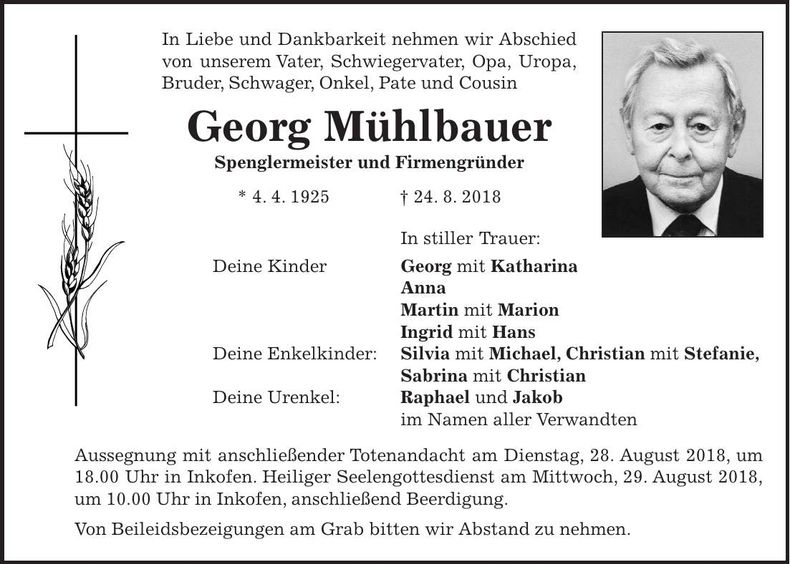 Traueranzeige Georg Mühlbauer
