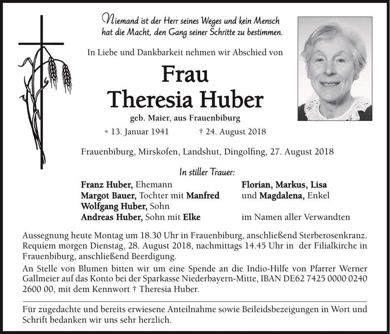 Traueranzeige Theresia Huber