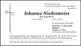 Traueranzeige Johanna Niedermeier