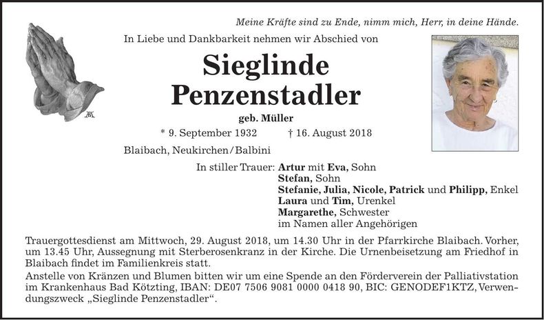 Traueranzeige Sieglinde Penzenstadler