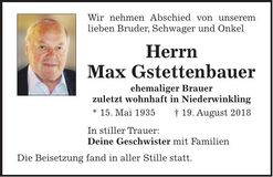 Traueranzeige Max Gstettenbauer