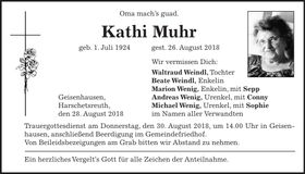 Traueranzeige Kathi Muhr
