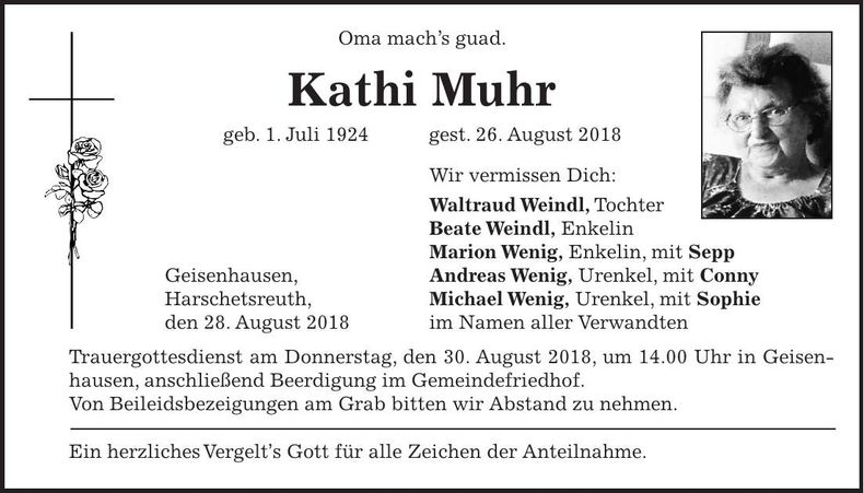 Traueranzeige Kathi Muhr
