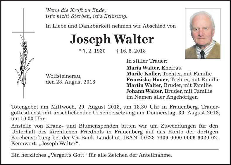 Traueranzeige Joseph Walter