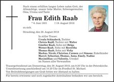 Traueranzeige Edith Raab