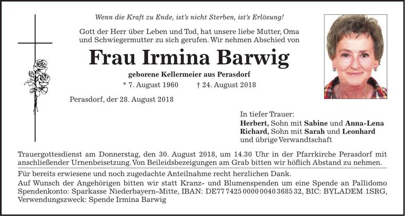 Traueranzeige Irmina Barwig