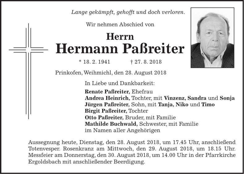 Traueranzeige Hermann Paßreiter