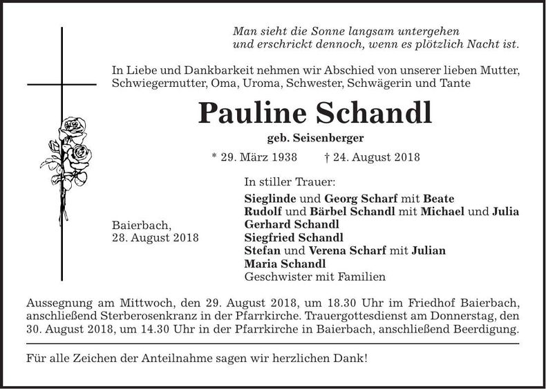 Traueranzeige Pauline Schandl