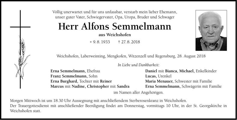Traueranzeige Alfons Semmelmann
