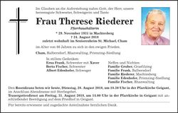 Traueranzeige Therese Riederer