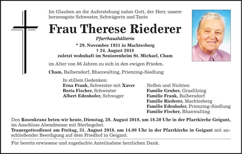 Traueranzeige Therese Riederer