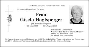 Traueranzeige Gisela Häglsperger
