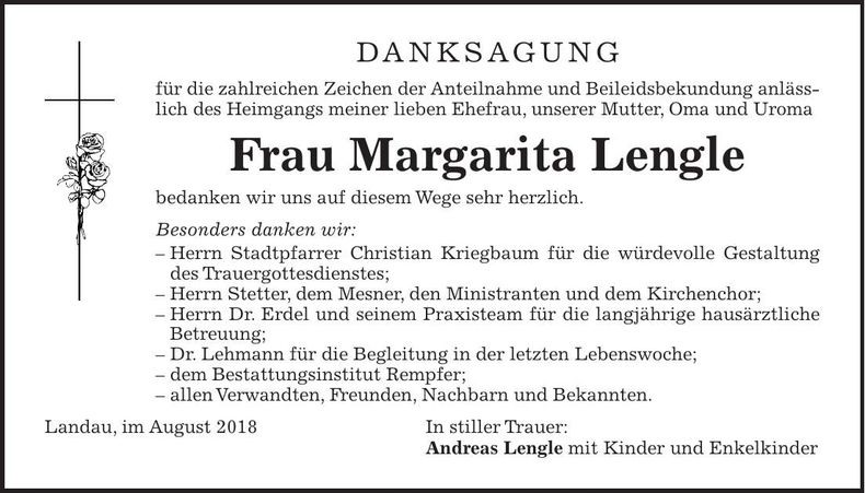 Traueranzeige Margarita Lengle