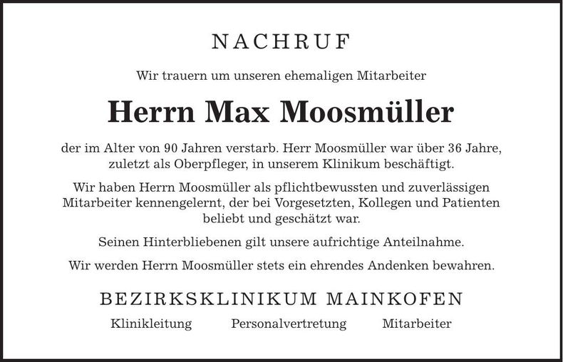 Traueranzeige Max Moosmüller