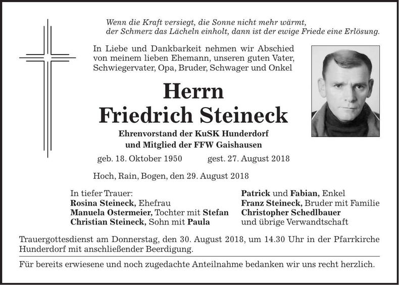 Traueranzeige Friedrich Steineck
